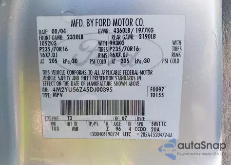 2005 Mercury Mariner Convenience from USA, damaged, VIN 4M2YU56Z45DJ00395